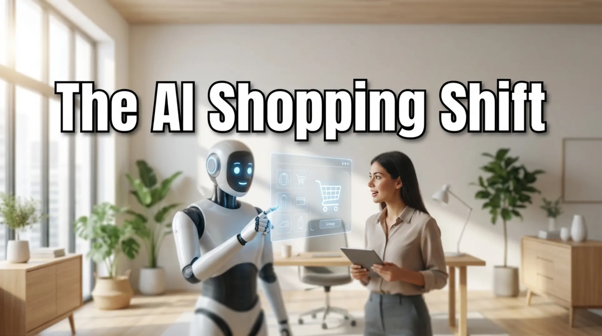 A futuristic AI shopping assistant helping a person discover products on a clean, modern digital interface.