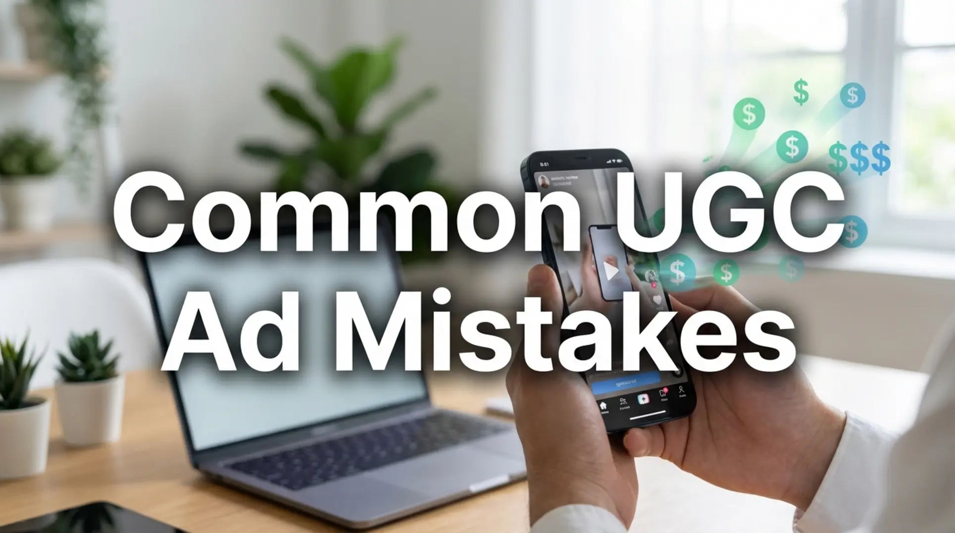 Smartphone displays a UGC ad as digital money drains away, visualizing common, costly UGC ad mistakes.