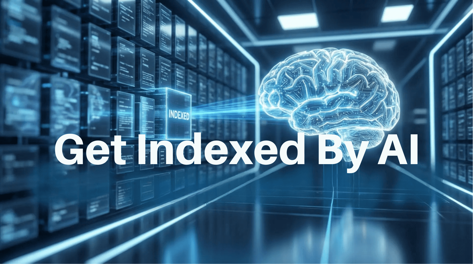 A high-tech digital brain representing an AI selecting a glowing data block, illustrating how to get a website indexed by ChatGPT.