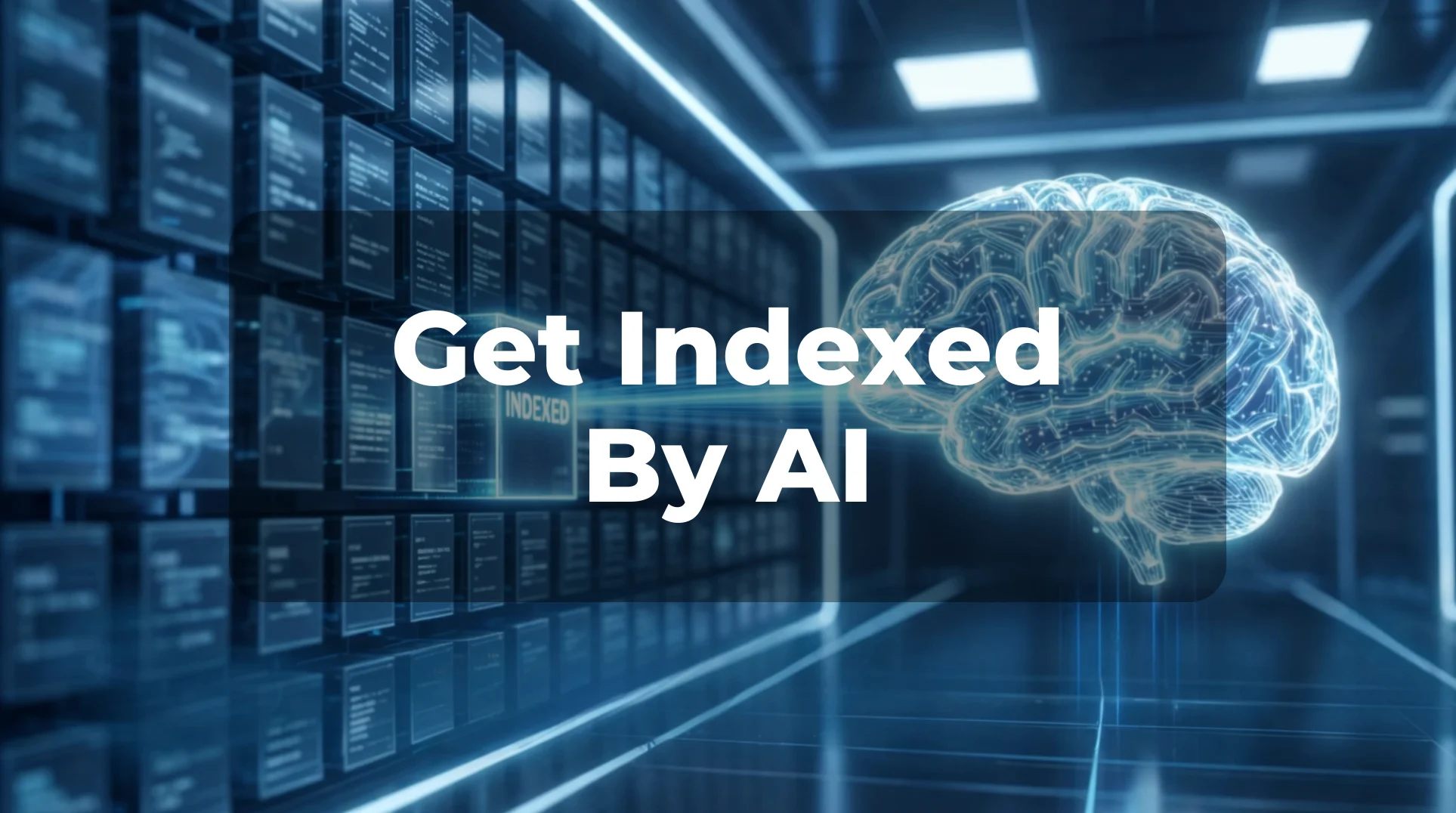 A high-tech digital brain representing an AI selecting a glowing data block, illustrating how to get a website indexed by ChatGPT.