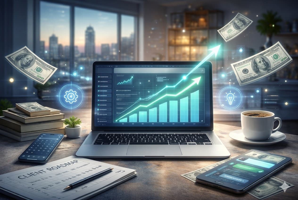 AI business challenge showing laptop with dashboard analytics and progress tracking tools for earning first $3,000 online