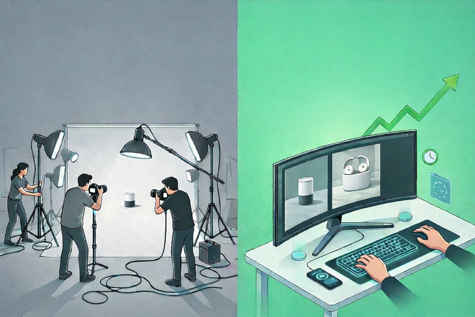 Modern eCommerce store with digital technology interfaces showing AI-powered shopping experience and product photography automation