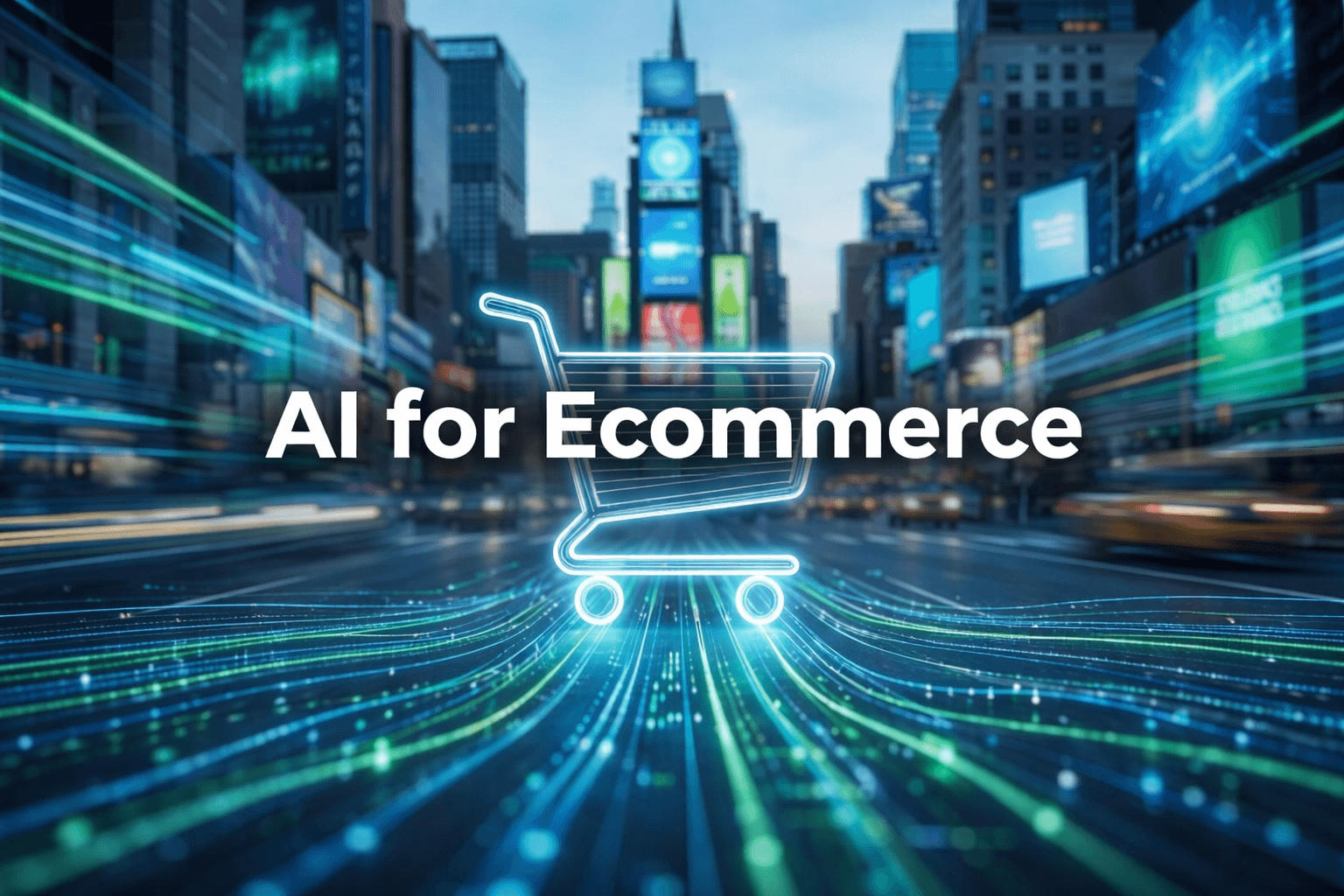 Ecommerce AI Strategy Guide AI data streams with ecommerce cart, symbolizing an effective ecommerce AI strategy.