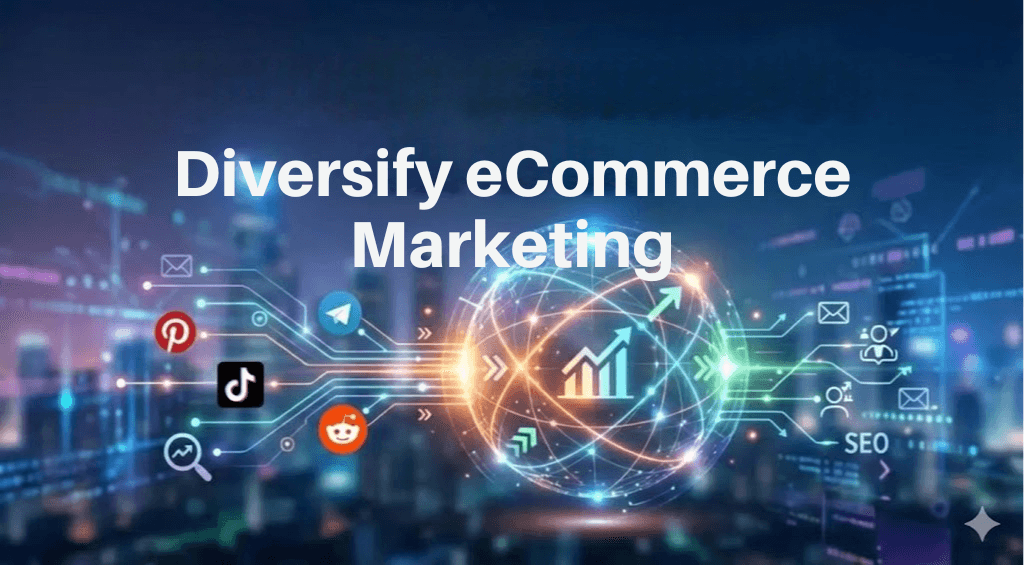 eCommerce Marketing Diversification Strategy Guide Digital network showing diverse marketing channels for eCommerce growth in 2026.