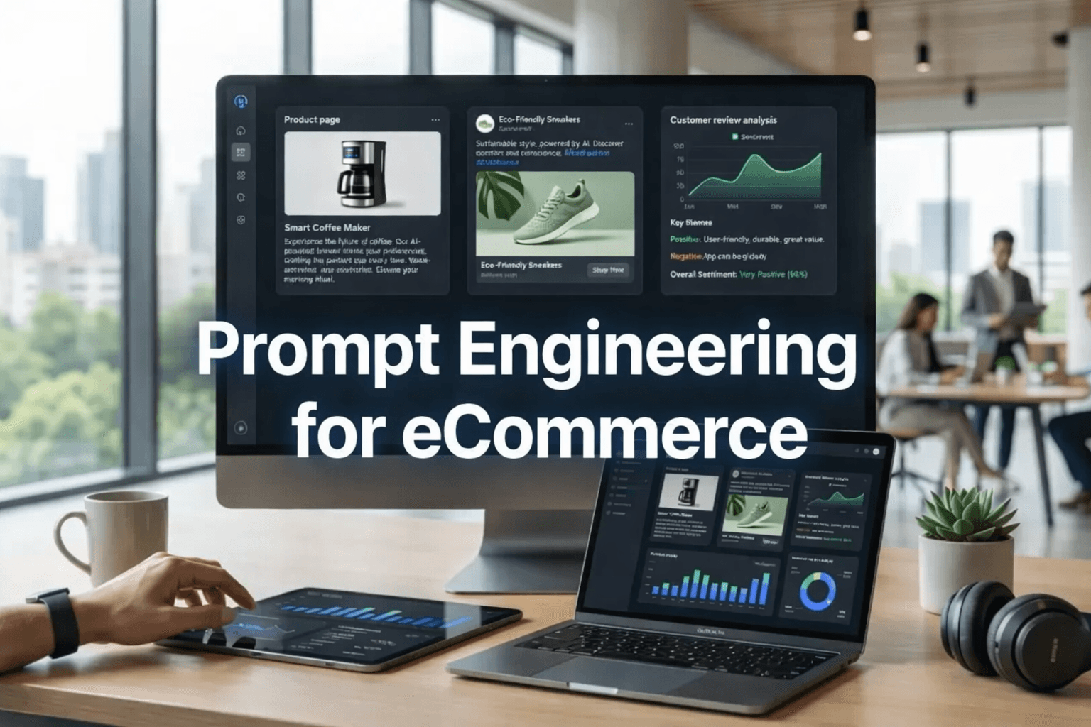 Prompt Engineering eCommerce Guide Digital interface showing AI-generated content for eCommerce, highlighting prompt engineering.