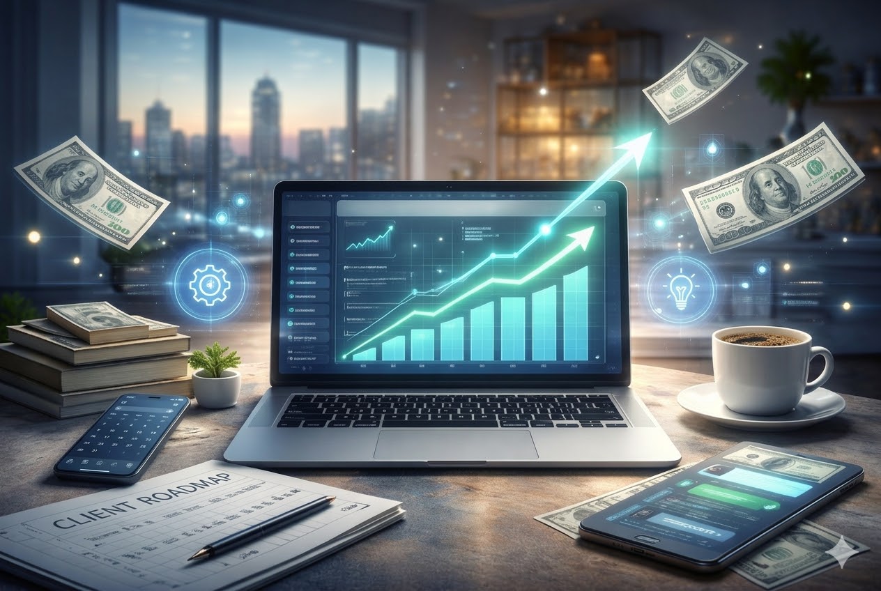 AI business challenge showing laptop with dashboard analytics and progress tracking tools for earning first $3,000 online