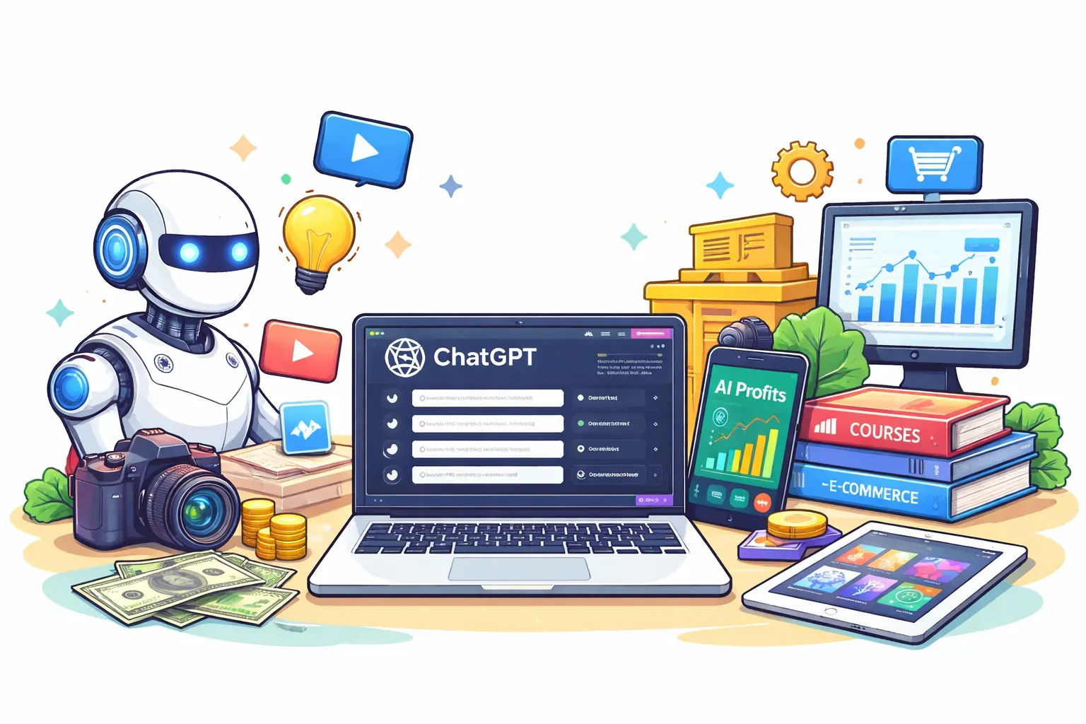 How to make money with AI in 2026: AI content creation workspace with laptop and marketing tools