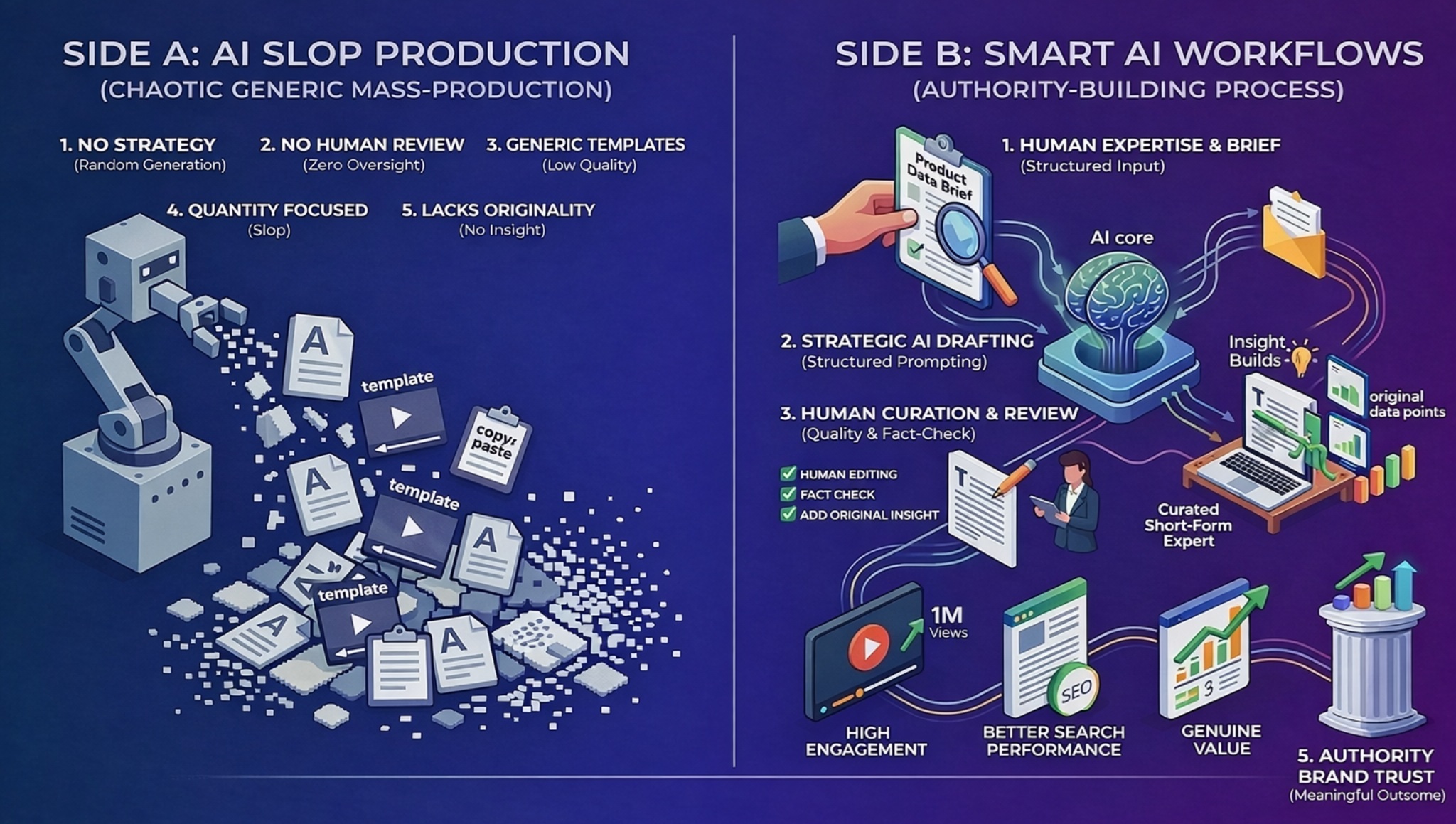 Professional workflow diagram showing AI-human collaboration in content creation