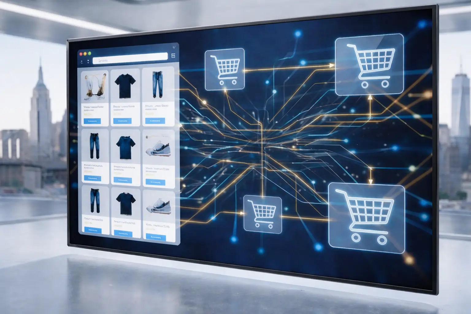 AI agents interacting with ecommerce platforms in a futuristic retail setting.