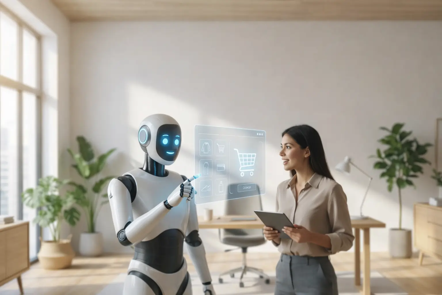A futuristic AI shopping assistant helping a person discover products on a clean, modern digital interface.