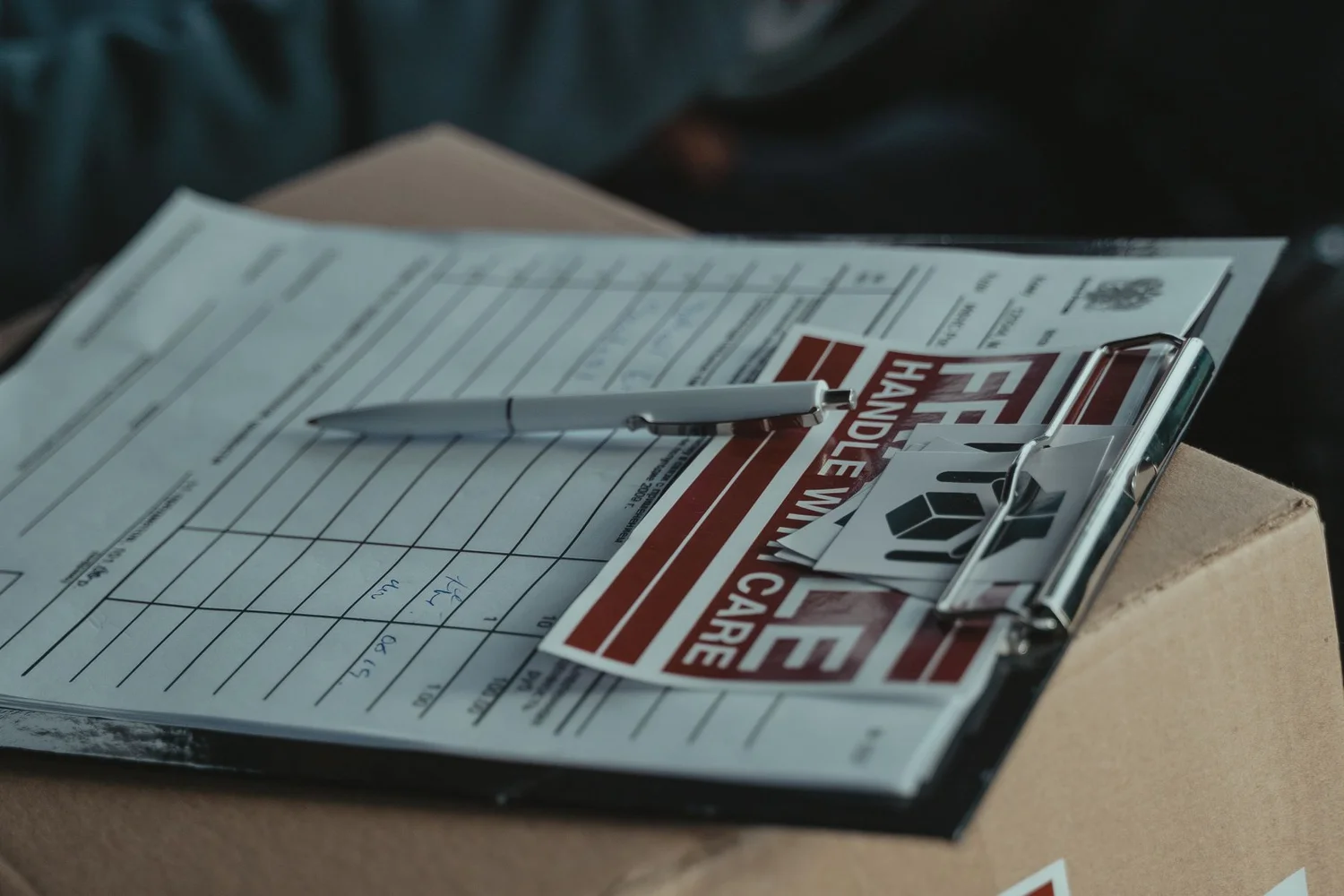 Warehouse worker checking safety data sheets on shipping boxes