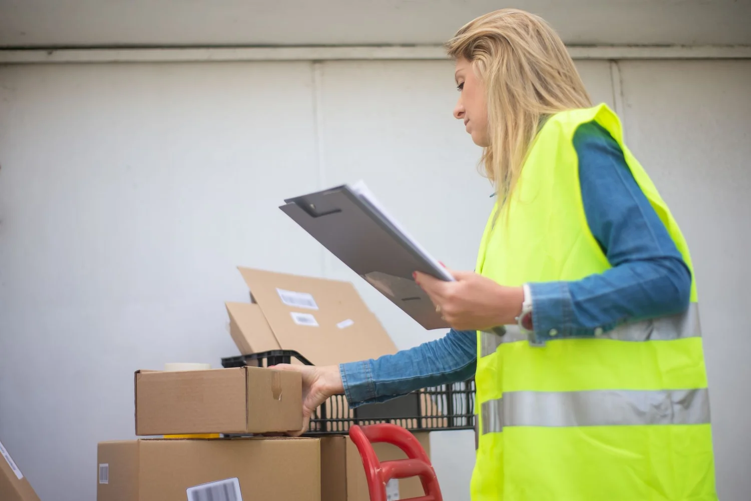 FBA warehouse worker reviewing returned parcels and refund paperwork