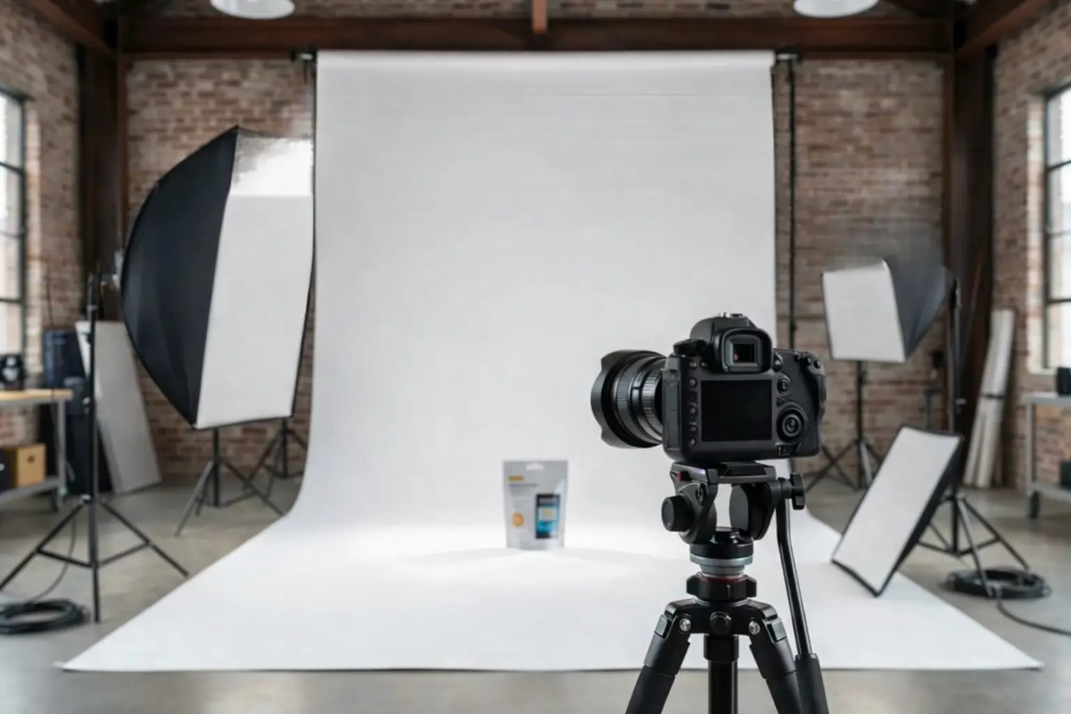 Professional studio setup for Amazon product photography showing lighting equipment.