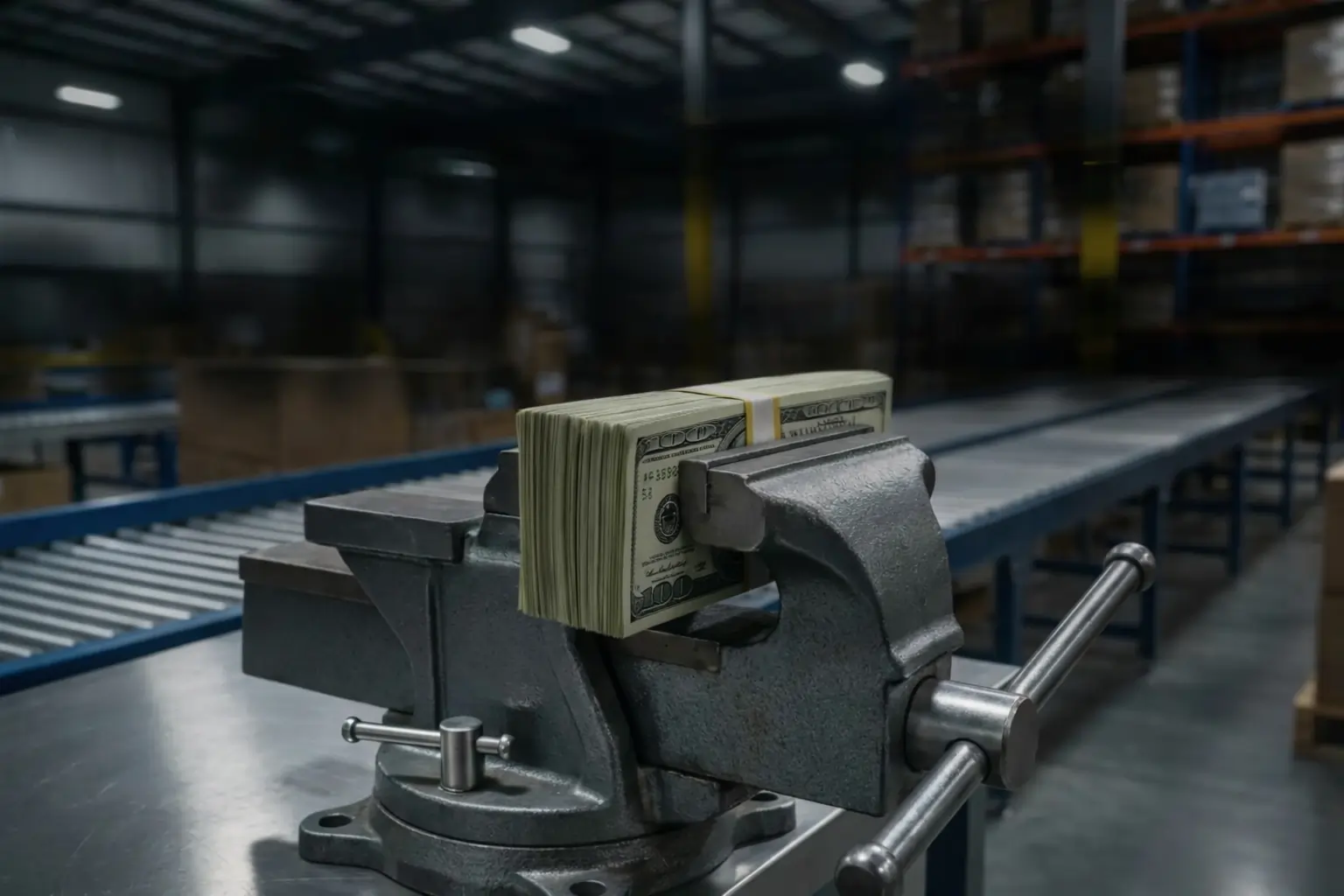 A metal vise squeezes dollar bills, illustrating the challenges of Amazon seller margin compression.