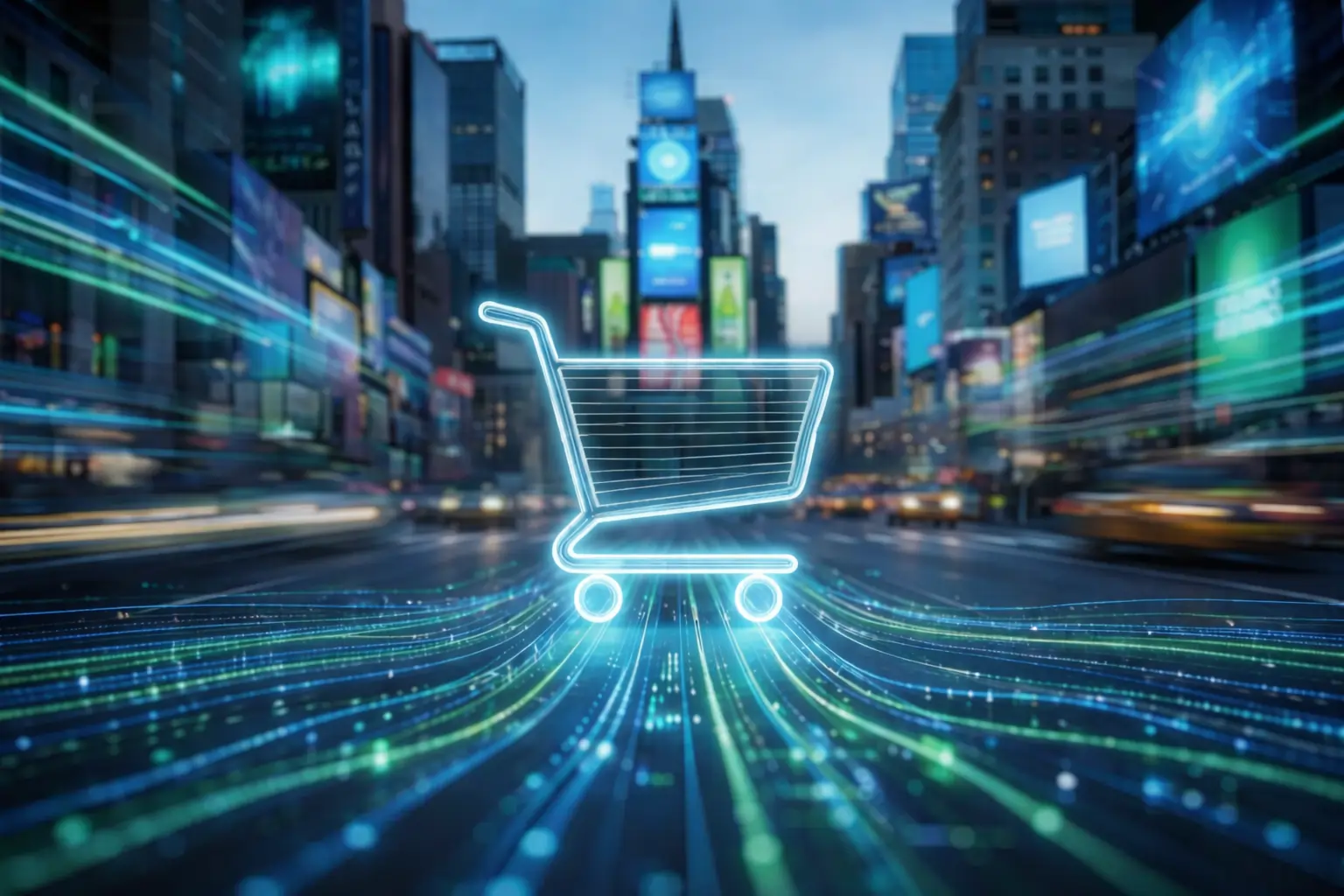 AI data streams with ecommerce cart, symbolizing an effective ecommerce AI strategy.