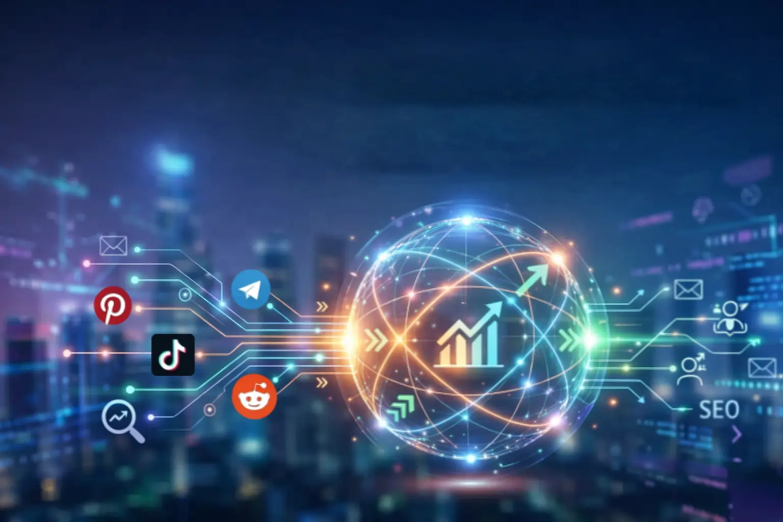 Digital network showing diverse marketing channels for eCommerce growth in 2026.
