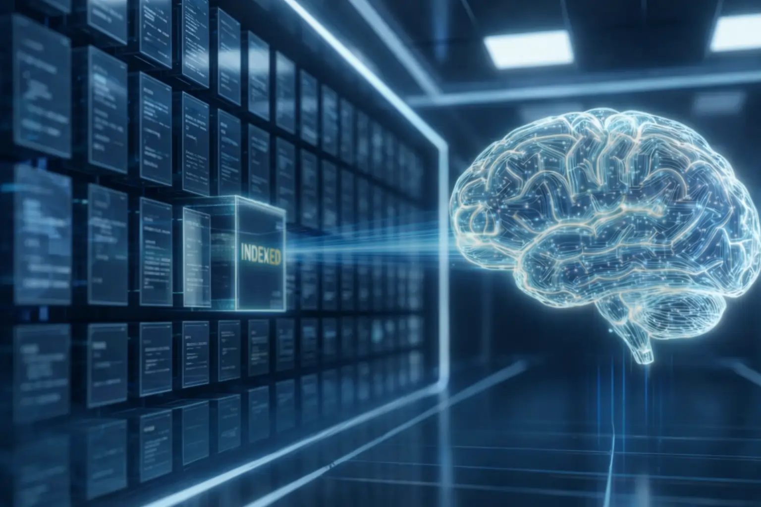A high-tech digital brain representing an AI selecting a glowing data block, illustrating how to get a website indexed by ChatGPT.