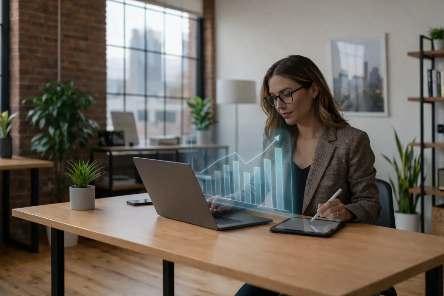 An influencer analyzes a sales growth chart, showing how performance-based influencer marketing delivers measurable ROI for ecommerce businesses.