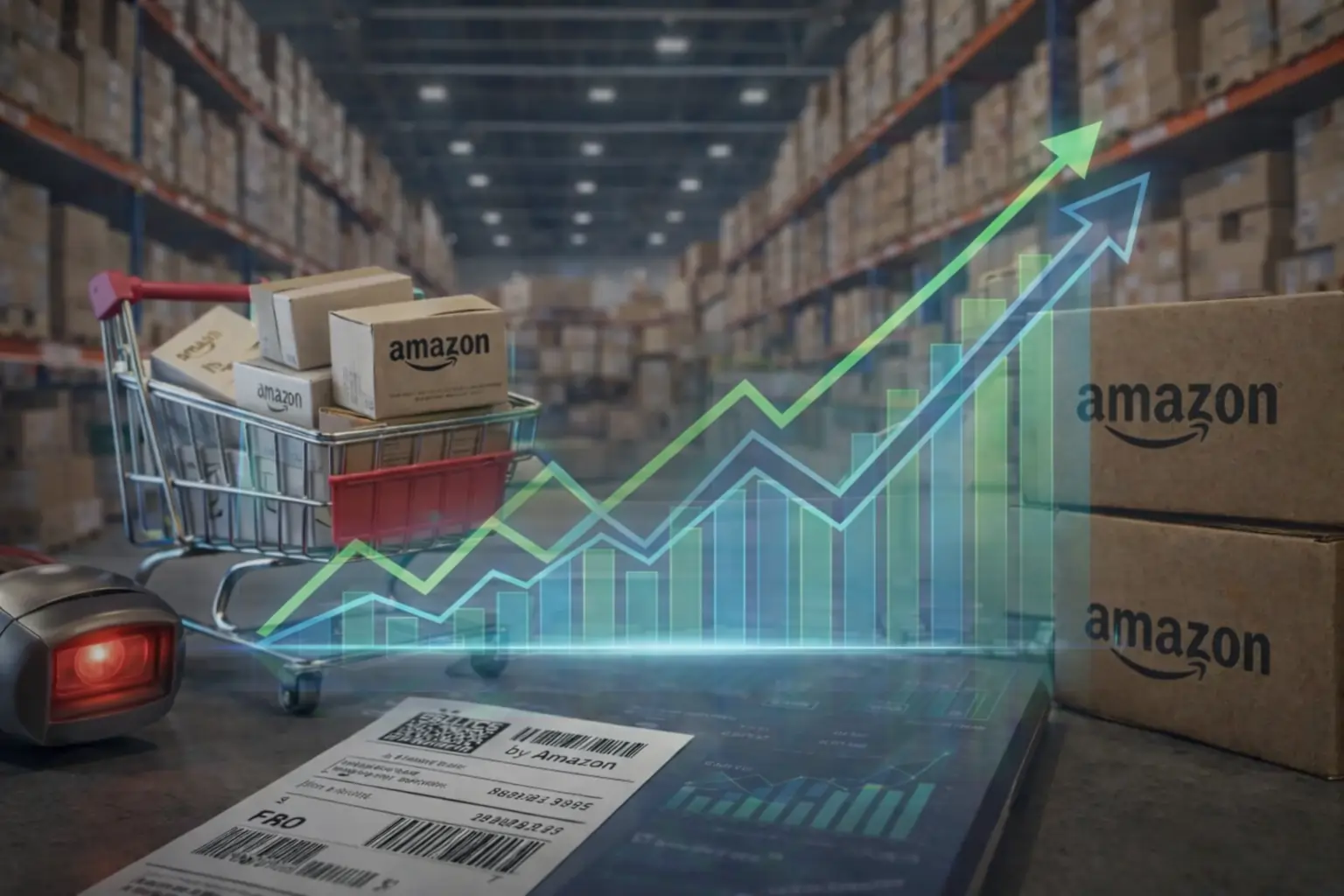 Financial growth chart over e-commerce dashboard for private label Amazon FBA success.
