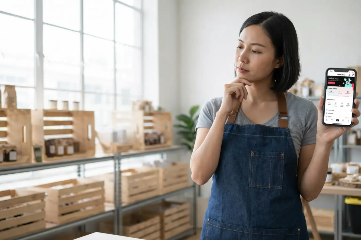 A business owner in their workshop using a smartphone for TikTok Shop for ecommerce growth.